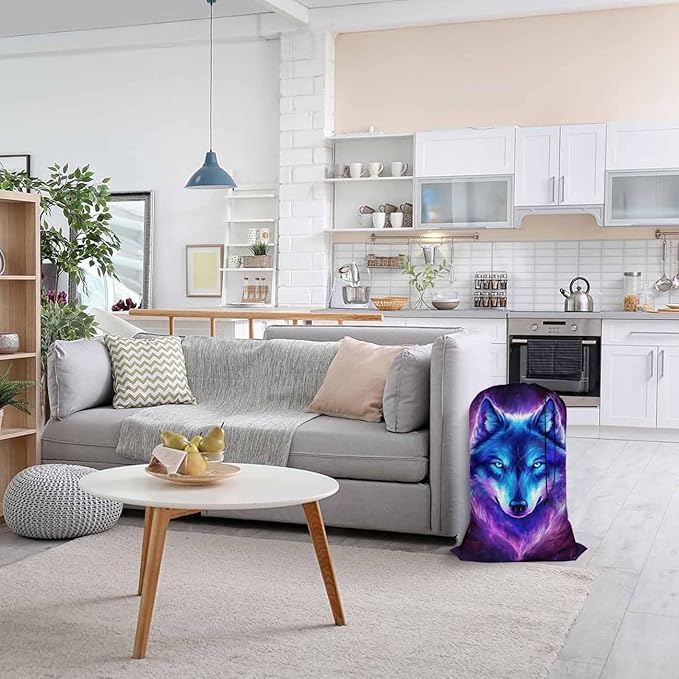 Swono Galaxy Wolf Drawstring Closure Dirty Clothes Bag Organizer, Heavy Duty Large Laundry Bag, Starry Sky Stars Constellation Outer Space Bags for Camp Travel, Machine Washable, Magical Purple