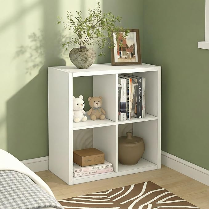 CTESNE【2026 Wooden Thick Frame 4 Cube Storage Organizer Shelf with Anti-Tipping Kits + Reversible Open Back Bookcase, Horizontal and Vertical Dual-use（White,11inch）