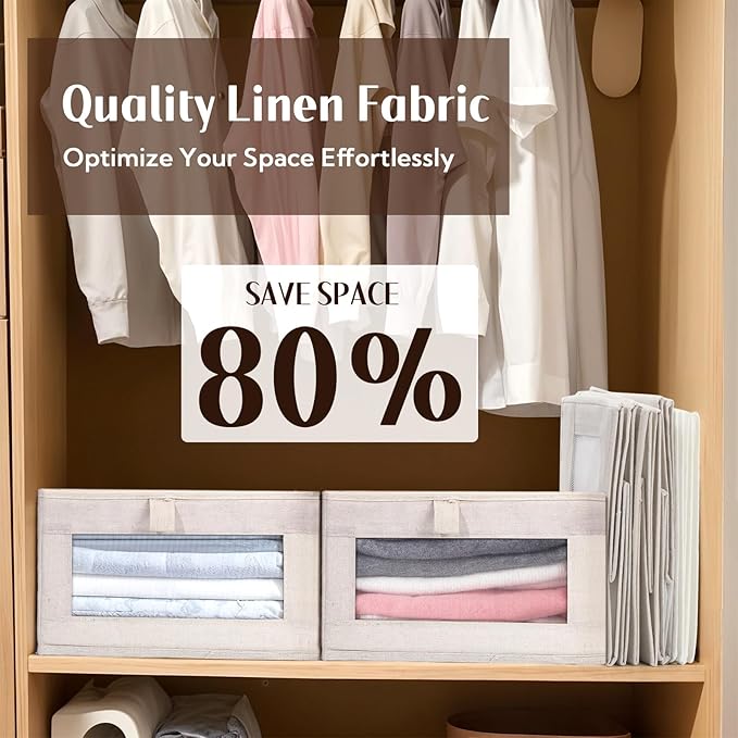 VZZNN 4 Pack Linen Organizers and Storage, Closet Storage Bins Linen Closet Baskets for Organization Foldable Organizer Bins with Clear Window for Organizing Clothing, Beige