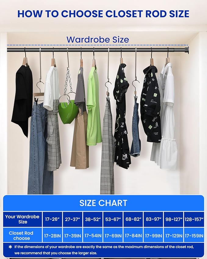 Supforce 4 PACK Closet Rods for Hanging Clothes, 17 to 84 Inches Stepless Adjustable Metal Closet Rod, 1.3 Inches Heavy Duty Clothes Hanging Rod for Closet Wardrobes Laundry RV, Black