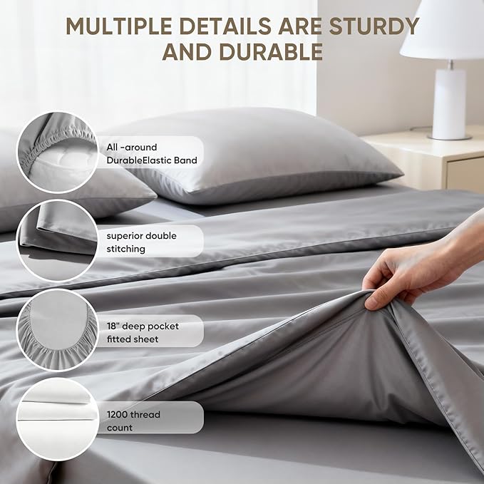 TWK 1200 Thread Count 100% Egyptian Cotton Sheets Bed Set,Thickness,Long-Lasting Durability,Resists Pilling,Deep Pocket Up to 18",with a Laundry Bag (Gray, Queen)
