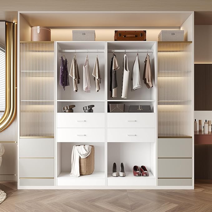 VOWNER 25'' Freestanding Closet System with Drawers & Hanging Rod, Wood Closet Organizer System, Walk-in Closet Shelving Unit, Clothes Garment Rack, Armoire Wardrobe Closet Bedroom Entryway