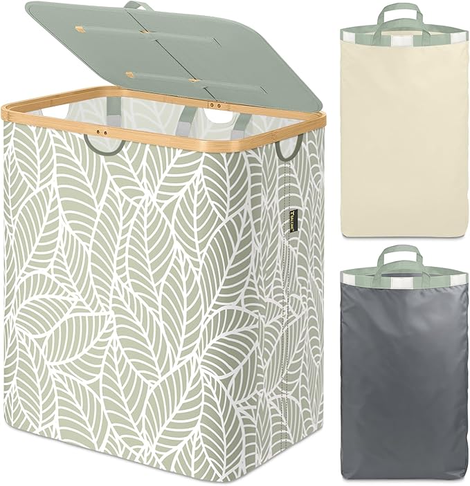 BALEINE Laundry Hamper with Lid, Tall Laundry Baskets with Bamboo Pull Handles, Large Laundry Bin with Internal Support (36 Gal/140L, Antique Foliage)