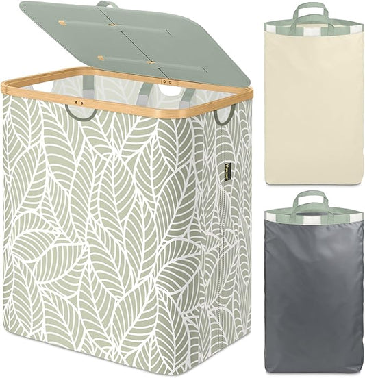 BALEINE Laundry Hamper with Lid, Tall Laundry Baskets with Bamboo Pull Handles, Large Laundry Bin with Internal Support (36 Gal/140L, Antique Foliage)