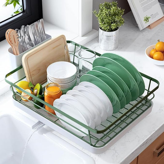 Kitsure Dish Drying Rack for Kitchen Counter, Stainless Steel Sink Organization and Storage Essentials with Cutlery Holder, Home and Appartment Decor, 12''W x 15.5''L, Green