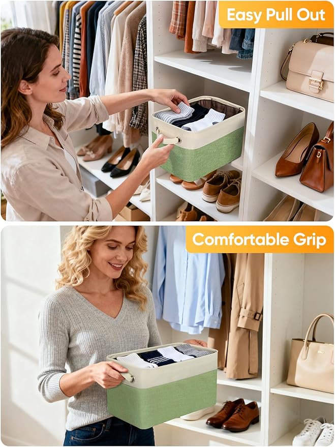 BALEINE 3 Pack Fabric Closet Storage Bins for Shelves, Linen Closet Organizers and Storage, Decorative Baskets for Organizing, Shelf, Clothes, Home, Office (Green, 17''x13''x10.5'')