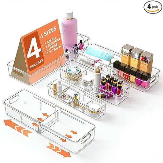 REBECAT 4 Pcs Expandable Clear Drawer Organizers, Adjustable Drawer Organizer Bins with Dividers, makeup organizer for drawer, drawer organizer bathroom for Vanity, Junk Drawer & Office