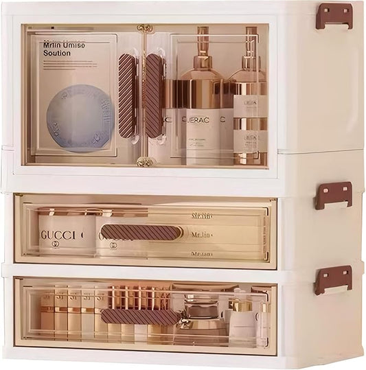 A stackable desktop organizer with drawers and compartments, ideal for storing cosmetics, beauty tools, jewelry, and school supplies in a student dorm. Features a convenient magnetic door handle.