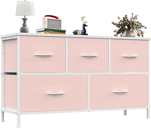OLIXIS Dresser for Bedroom with 5 Drawers, Wide Chest of Drawers, Fabric Bedroom Dresser with Drawer Organizer, Storage Organizer Unit with Fabric Bins for Closet, Living Room, Hallway, Pink