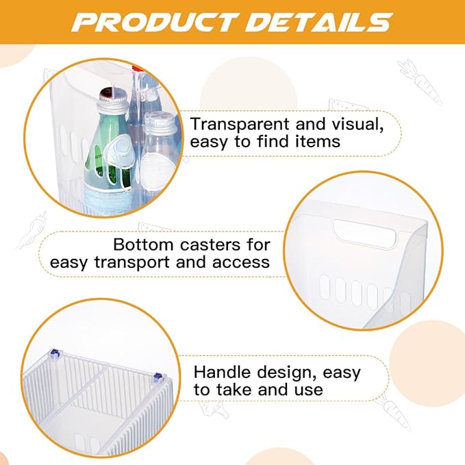 Beeveer 4 Pcs Plastic Freezer Organizer Bins with Wheel Tall Narrow Kitchen Pantry Organizer Snack Storage Containers for Office Refrigerator(10 x 12.5 x 6.7 Inch)