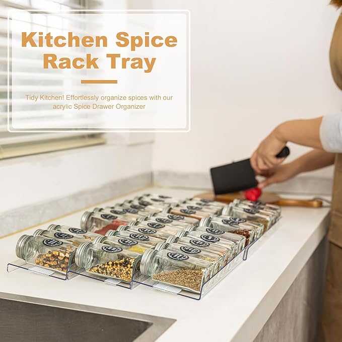 Expandable Spice Drawer Organizer Insert, 6-Pack Kitchen Adjustable Seasoning Rack Tray (13" to 26"), with Anti-Slip Mat, for Cabinet Countertop (Jars Not Included)