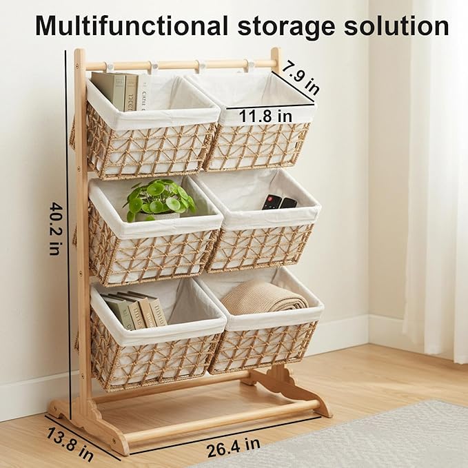 Large Capacity 3-Tier Storage wicker Shelf,Stackable multi-story storage baskets Laundry Hamper & Organizer for Kids' Toys Clothes and Snacks,Multipurpose Rattan Corner Rack for Kitchen Office Garage