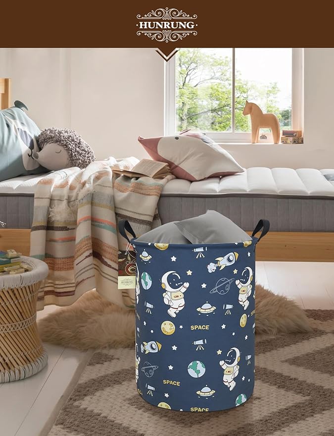 HUNRUNG Collapsible Fabric Storage Basket, Waterproof Laundry Hamper with Handles, Round Storage Bin for Clothes Toys, Foldable Organizer for Bedroom Nursery Bathroom(Round-Blue Space Astronaut)