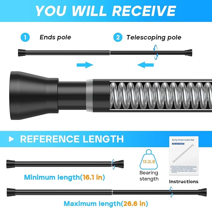Small Tension Rod 16 to 26 Inch Black Spring Curtain Rod No Drilling Spring Tension Rod 4pack Adjustable Curtain Rod Tension for Bookshelf Diy Projects Kitchen, Cupboard,Tension Rod