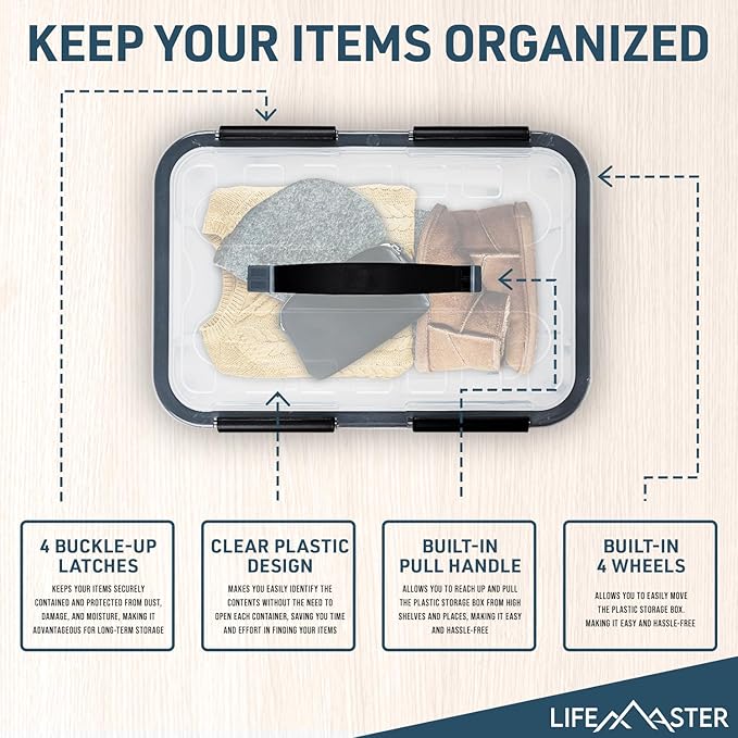 Lifemaster Stackable Storage Box Set - 6 Pieces 32 Quarts Multi-purpose, Space-Efficient Stackable Storage Boxes with Nestable Design, Secure Latches, Easy-Move Wheels & Pull-Out Base - Clear