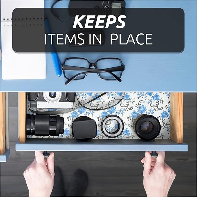 FIFTY FEET 12X120 Inch Shelf Liner for Kitchen Cabinets, PVC Drawer Liner for Dresser Non-Slip Bathroom, Non-Adhesive Cabinet Liner Washable (Blue Floral)(3 Roll)
