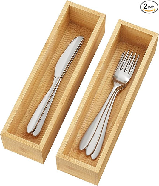 BAMEOS Kitchen Drawer Organizer,Small Silverware Drawer Organizer,Bamboo Utensil Organizer for Bathroom, Dressing Room, Office, Pantry (Natural, 11"x 3") Set of 2