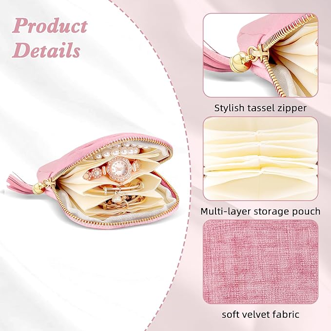 Travel Jewelry Case Small Soft Velvet Organizer Pouch Storage Bag Mini Jewelry Bag for Gemstones Bracelets Healing Crystal Earring Necklaces Pink