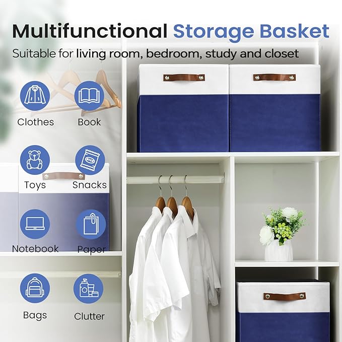 FinishingBo 6-Pack Storage Cubes with Handles & Label Holders Basket, Closet Cube Home Organizer Bins(White/Blue, 13 x 13 x 13 inch)