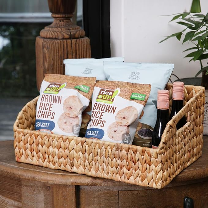 Pantry Baskets and Organizers, Large Wicker Baskets for Shelves, Handwoven Labeled Storage Basket for Organizing with Handles-Water Hyacinth Storage Bins, Boho Decorative, 3Pack, Natural