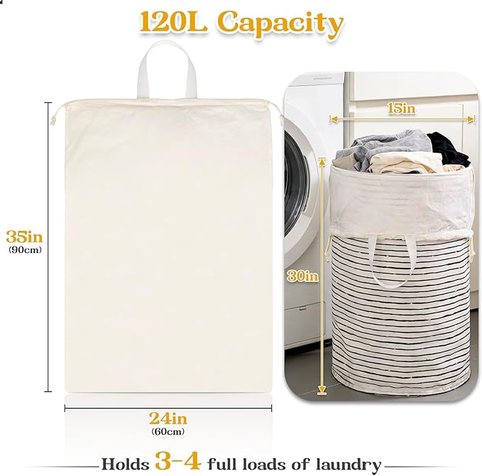 Heavy Duty Laundry Bag, 24"x 35", Laundry Basket Liner Replacement, Drawsting Top with Carrying Handles, 3 to 4 Load Capacity, Machine Washable, Ultra-Light and Foldable