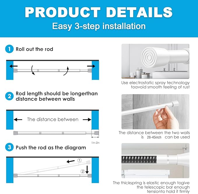 2 Pack Spring Tension Rods 12-18 Inches, 5/8 Inch Diameter White No Drill Spring Loaded Adjustable Extendable, Small Short Tension Curtain Rod for Windows Kitchen Doorway Closet Cupboard