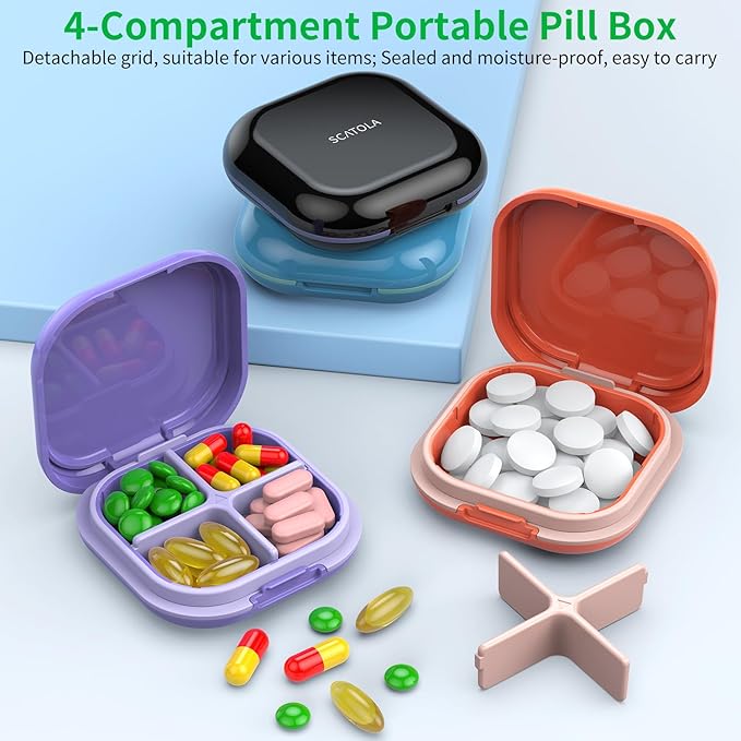 Daily Pill Organizer 4 Compartments, Small Pill Box Portable Travel Pill Case, Mini Pill Container for Purse Pocket, Compact Travel Medicine Organizer for Vitamin, Cod Liver Oil, Supplement (Purple)