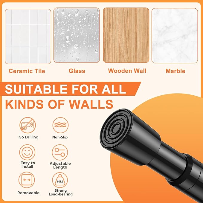 2Pack Tension Curtain Rod for Window 34 to 59 Inch Adjustable Spring Loaded Curtain Rods No Drilling Black Tension Rods for Doorway Closet Door Kitchen Bathroom