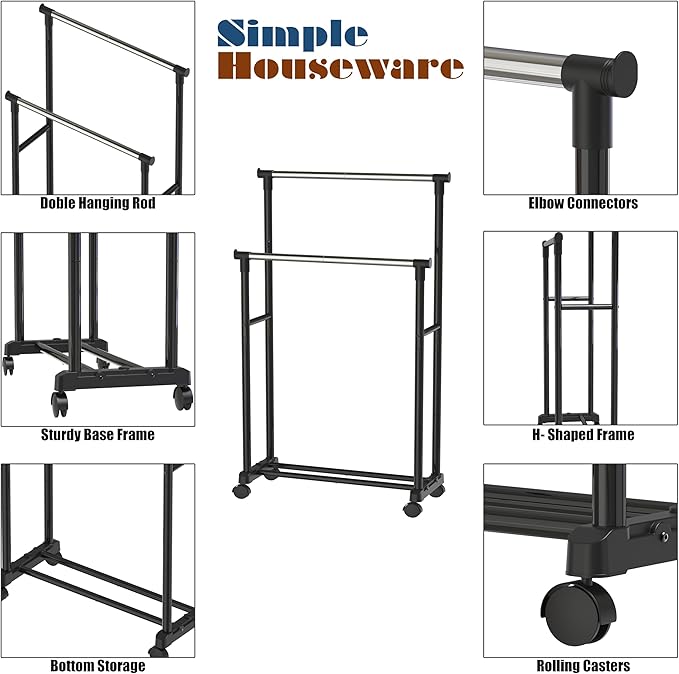 Simple Houseware Double Rod Portable Clothing Hanging Garment Rack