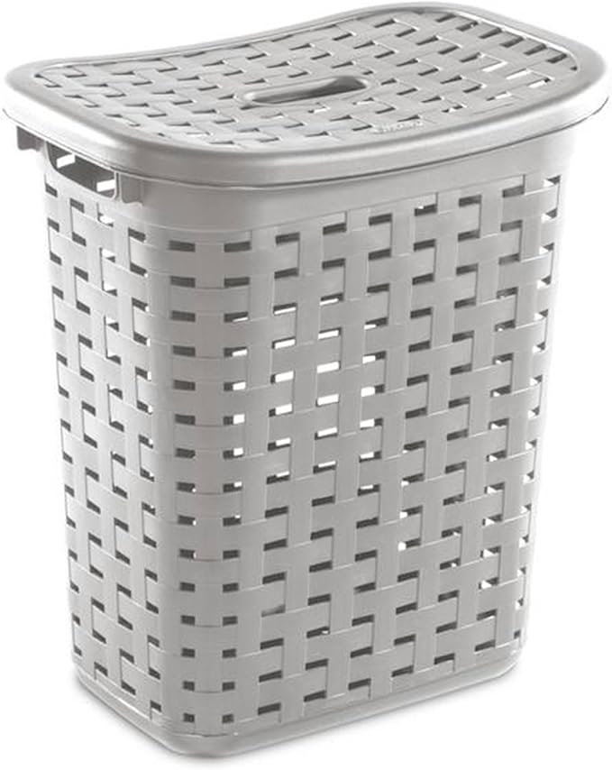 Sterilite Plastic Wicker Style Weave Laundry Hamper, Portable Slim Clothes Storage Basket Bin with Lid and Handles, Cement Gray, 8-Pack