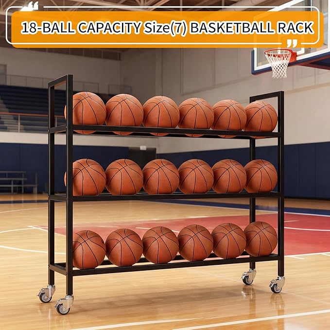 Colingmill Heavy Duty Basketball Rack with Wheels, Multi-Tier Rolling Ball Storage Cart, Sports Equipment Organizer for School, Gym, Club Shoot Training