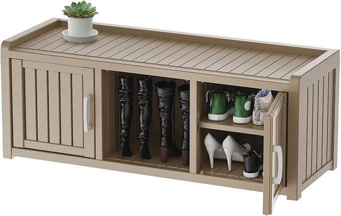 EasyUp Shoe Bench Waterproof,Resin Shoe Cabinet,Outdoor Storage,Industrial Hallway Bench with Adjustable Shelves for Entryway,Living Room,Bedroom(Grey,2 Door)