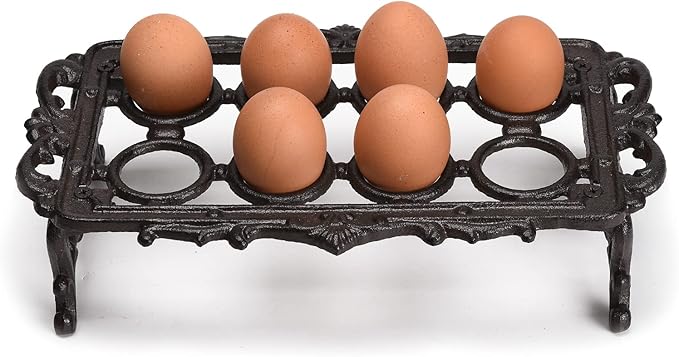 BRASSTAR Cast Iron Vintage Egg Rack Retro Desktop Design Egg Stroage for Kitchen Countertop Farmhouse Decor 7.1inches (H) Hold up to 8Eggs TQGJPT151
