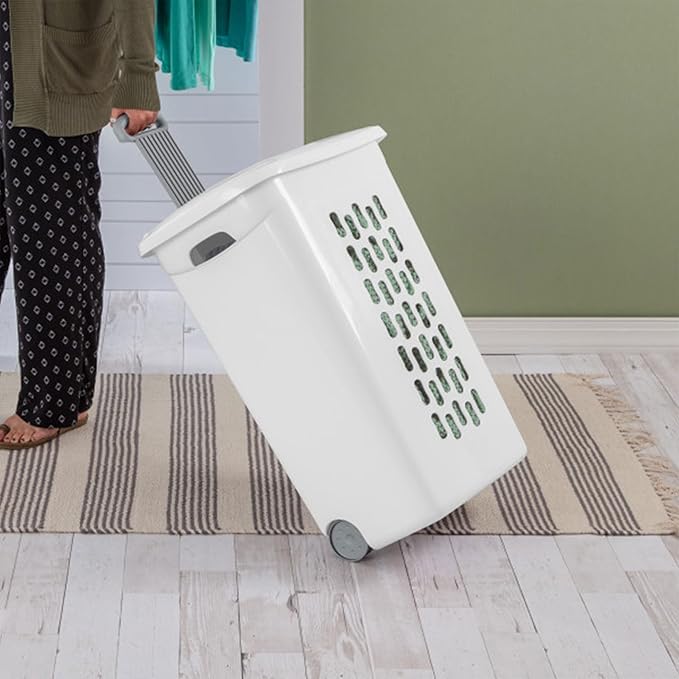 Sterilite 3 pack Ultra Wheeled Hamper, Laundry Basket w/Flip-Top Lid & Retractable Handle - Plastic Rolling Clothes Storage Cart with Ventilated Holes for Home, Apartment or Dorm