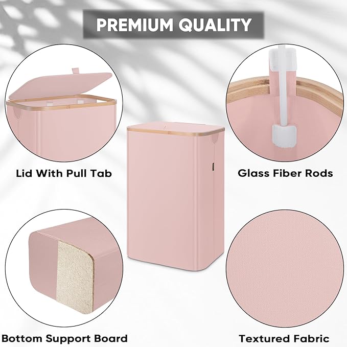 BALEINE Laundry Hamper with Lid, Tall Laundry Baskets with Bamboo Pull Handles, Large Laundry Bin with Internal Support (26 Gal/100L, Pink Pinstripe)