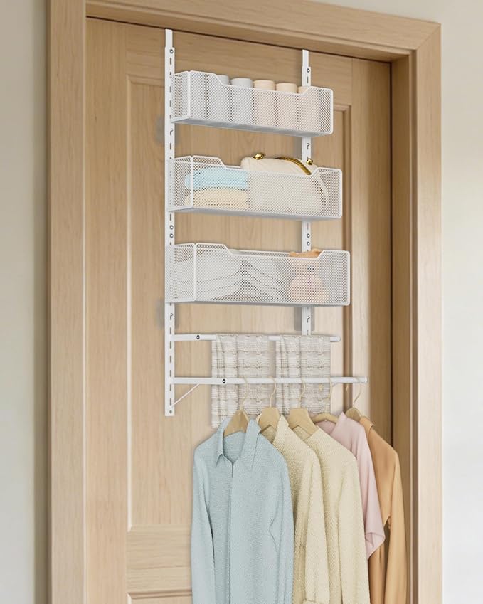 VyGrow Over the Door Storage Organizer with 3 Tier Mesh Baskets 2 Hanging Rods, 2 Mounting Options, Heavy Duty Clothes Hanger & Towel Rack for Bathroom Bedroom Office, White