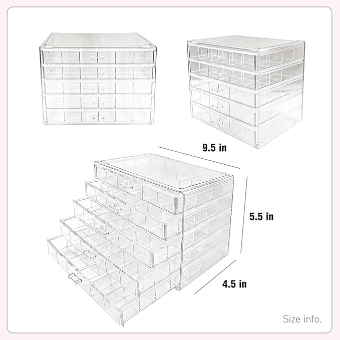 Acrylic Transparent Earrings Jewelry Organizer with 5 Drawers 120 grids, Stackable Necklace Rings Display Storage Case Box Holder, Clear