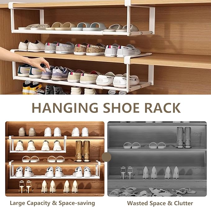 Expandable Hanging Shoe Rack Organizer for Closet, Adjustable Shoe Rack Under Cabinet Shelf, Versatile Under Shelf Storage for Kitchen, Book, Clothing Storage and Organization(Black,2PCS)