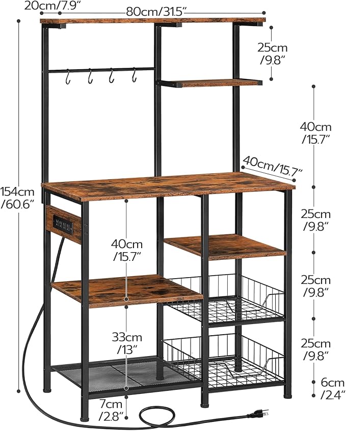 HOOBRO Large Bakers Rack with Power Outlets, 6-Tier Microwave Stand with 4 Hooks, Coffee Bar, Kitchen Shelf with Wire Basket, for Kitchen, Living Room, Office, Rustic Brown and Black BF64UHB01