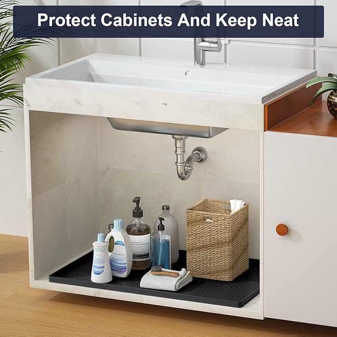 Under Sink Mats for Kitchen Waterproof - 22" x 19" Waterproof Kitchen Cabinet Mat - Flexible Silicone Under Sink Liner - Bathroom Cabinet Mat and Protector for Drips Leaks Spills (Black)