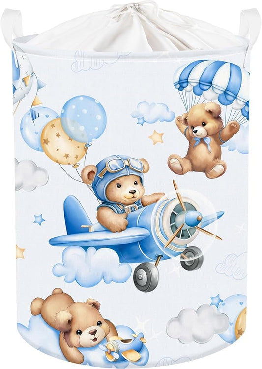 Clastyle 45L Large Blue Bear Pilot Kid Boy Girl Laundry Hamper with Handle Collapsible Balloon Clothes Toy Storage Basket with Lid for Nursery