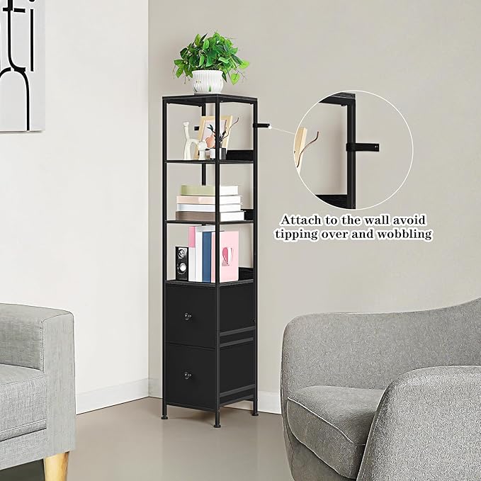 Tall Bathroom Storage Cabinet Slim Bathroom Floor Cabinet Narrow Freestanding Floor Cabinet with 2 Drawer, for Small Space, Living Room, Home Office, Black, 11.8" D x 11.8" W x 55.8" H