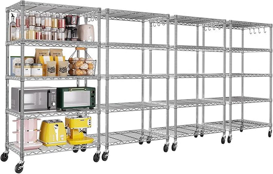 PrimeZone 4 Pack Steel Storage Wire Shelving 5 Tier Metal Shelves with Wheels,Adjustable Kitchen Utility Shelving Unit,Pantry Rack Rolling Metal Shelf Laundry,Chrome 24" Wx18 Dx75 H