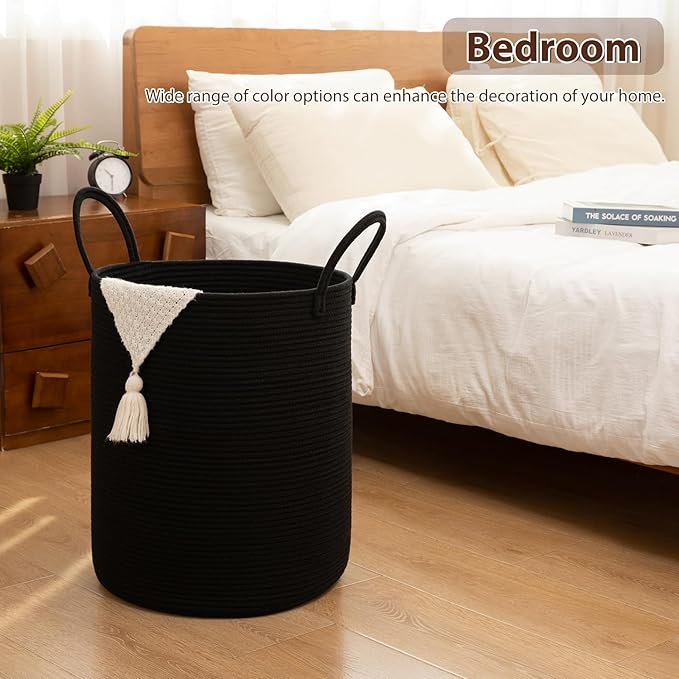 OIAHOMY Large Laundry Basket Hamper - 60L Cotton Rope Woven Basket for Blankets, Toys, Clothes - Tall Decorative Nursery Hamper with Long Handles, Black