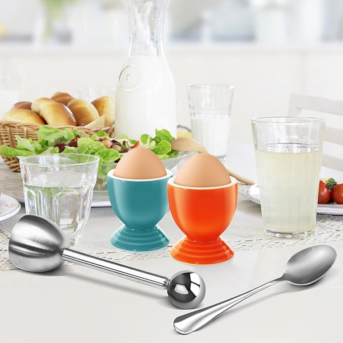 Colorful Soft Boiled Eggs Cups Set, 4 Ceramic Egg Stands and 1 Stainless Steel Egg Cutter, 4 Perfect Egg Spoons for Kitchen and Breakfast Host(Caribbean & Frame)