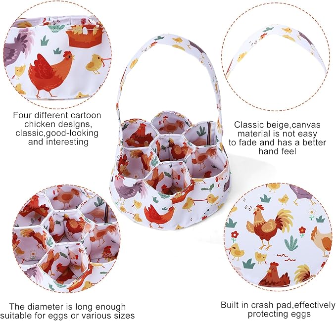 Egg Collecting Basket, Canvas Egg Basket for Gathering with 7 Pouches for Chicken, Duck, Goose, Bird, Various Poultry Collection (Cartoon Chicken Style 3)