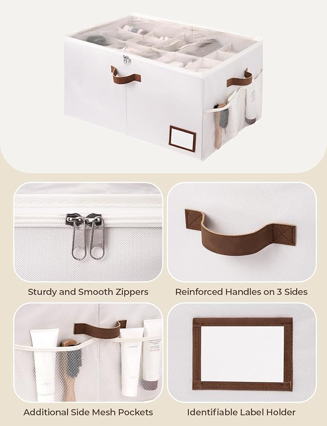 StorageWorks Shoe Organizer for Closet, Shoe Storage with Side Mesh Pocket, Shoe Closet Organizer With Clear Cover, Storage Shoe Containers for Sneakers and Sandals, Fits up to 20 Pairs, Beige