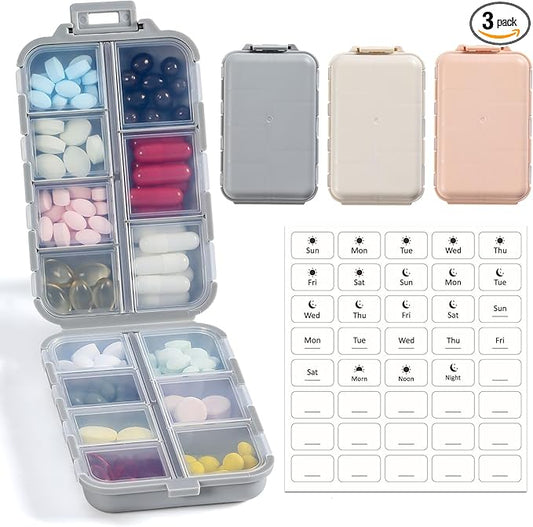LANDNEOO 14 Grids Pill Organizer Box with Labels, Travel Medication Holder Dispenser Case Kit, Pocket Daily Pharmacy Container for Fish Oil Vitamin Supplement Storage, Khaki Pink Grey, 3 Pack