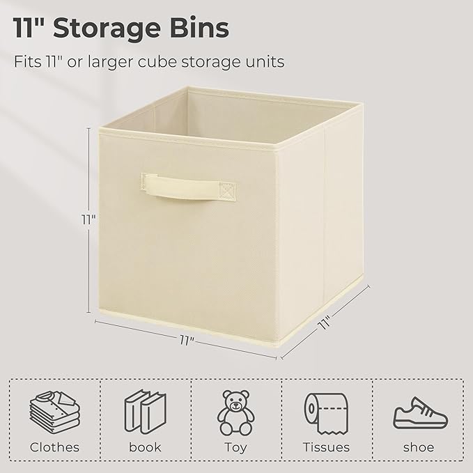 11x11 Inch Storage Bins Cubes, Fabric Foldable Storage Box, Collapsible Closet Organizer for Clothes, Blankets, Office, Bedroom, Living Room, Shelf Cabinet, Bookcase, Beige, 3 Pack