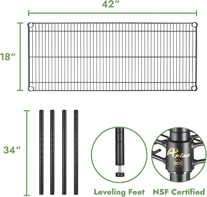 APLSS 18" D x 42" W x 34" H Black Heavy Duty Wire Shelving with 3 Tier Shelves, NSF Certified, Height Adjustable, Wet&Dry Environments, for Kitchen Garage Walk-in Cooler&Freezer, 800lbs Capacity
